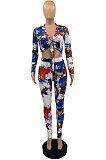 Blue Splash-lnk Print Long Sleeve V Neck Buttons Knot Shirts Pencil Pants Sets PQ8058-1