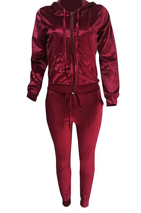 Drak Green Newest Velvet Long Sleeve Zip Front Hooded Coat Sweat Pants Solid Color Sets OEP6310-3