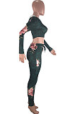 Gray Cyan Fashion Print Long Sleeve Crop Hoodie High WaIst Badage Bodycon Pants Sets PQ8009-1
