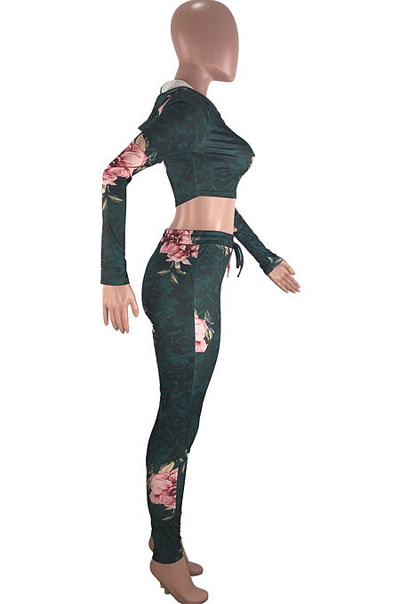 Gray Cyan Fashion Print Long Sleeve Crop Hoodie High WaIst Badage Bodycon Pants Sets PQ8009-1