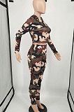 Army Green Cute Camouflage Print Long Sleeve Crop Hoodie High Waist Pencil Pants Sport Sets XMY073 