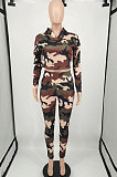 Army Green Cute Camouflage Print Long Sleeve Crop Hoodie High Waist Pencil Pants Sport Sets XMY073 