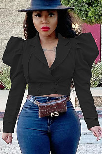 Black Fashion Newest Puff Sleeve Lapel Neck Double-Breasted Solid Color Coat TZ1207-1