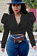 Black Fashion Newest Puff Sleeve Lapel Neck Double-Breasted Solid Color Coat TZ1207-1