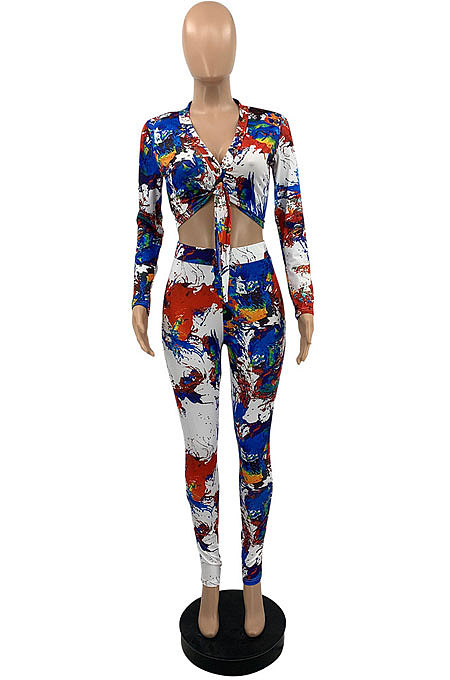Pink Splash-lnk Print Long Sleeve V Neck Buttons Knot Shirts Pencil Pants Sets PQ8058-3