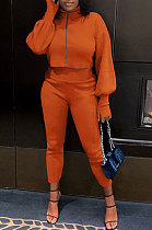 Orange Women Long Sleeve Zipper Pure Color Bodycon Pants Sets QMQ7064-1