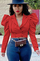 Red Fashion Newest Puff Sleeve Lapel Neck Double-Breasted Solid Color Coat TZ1207-2