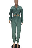 Green Euramerican Women Corduroy Solid Color Button Tied Turn-Down Collar Cardigan Pants Sets QMQ7066-1