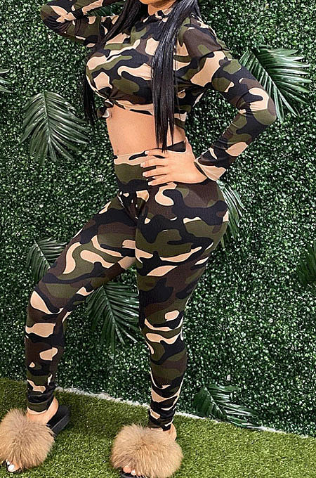 Army Green Cute Camouflage Print Long Sleeve Crop Hoodie High Waist Pencil Pants Sport Sets XMY073 