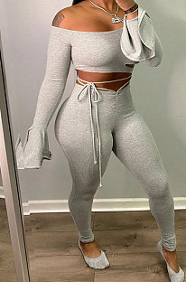 Gray Women A Word Shoulder Ruffle Sleeve Sexy Bandage Hollow Out Pants Sets HZF57809-2