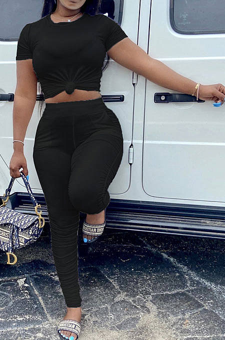 Black Women Shirred Detail Pure Color Short Sleeve T Shirt Bodycon Pants Sets AL153-6