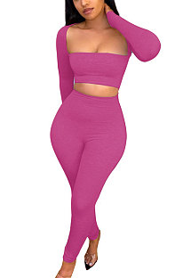 Rose Red Women Autumn Winter Elastic Sexy U Collar Solid Color Long Sleeve Long Pants Sets MOL174-3