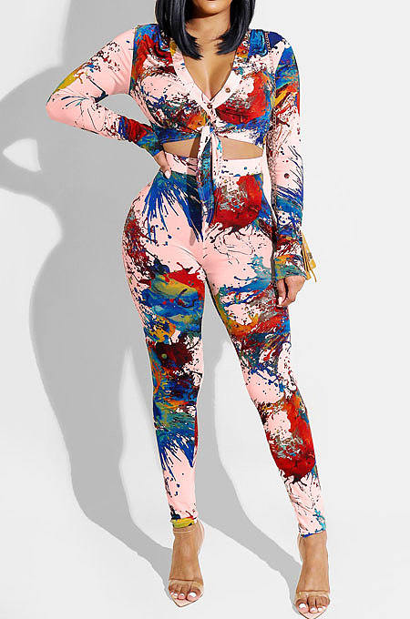 Blue Splash-lnk Print Long Sleeve V Neck Buttons Knot Shirts Pencil Pants Sets PQ8058-1