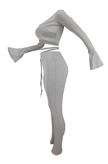 Gray Women A Word Shoulder Ruffle Sleeve Sexy Bandage Hollow Out Pants Sets HZF57809-2