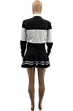 Yellow Preppy Newest Spliced Long Sleeve Lepal Neck Top Side Strip Mini Skirts Sport Sets SZS8165-3