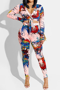 Pink Splash-lnk Print Long Sleeve V Neck Buttons Knot Shirts Pencil Pants Sets PQ8058-3