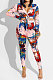 Pink Splash-lnk Print Long Sleeve V Neck Buttons Knot Shirts Pencil Pants Sets PQ8058-3