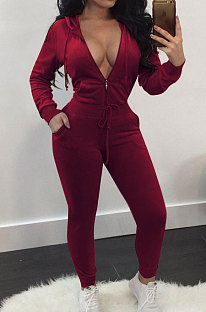 Purplish Red Newest Velvet Long Sleeve Zip Front Hooded Coat Sweat Pants Solid Color Sets OEP6310-2