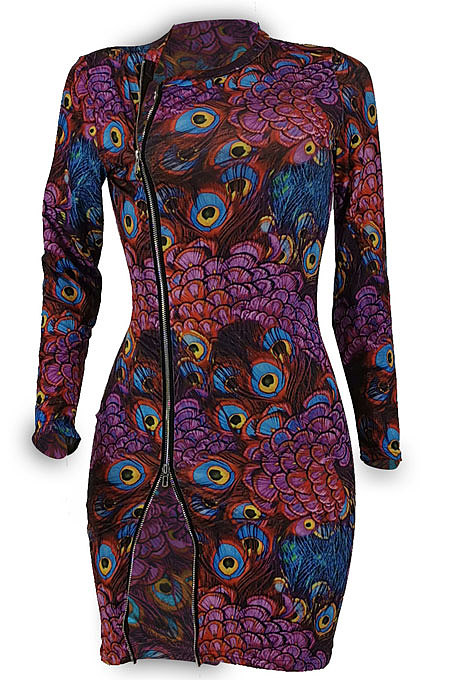 Purple Sexy Women Peacock Feathers Printing Irregular Zipper Mini Dress HZF57811-2