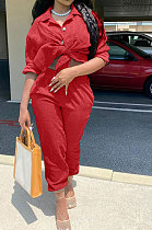 Red Euramerican Women Corduroy Solid Color Button Tied Turn-Down Collar Cardigan Pants Sets QMQ7066-2
