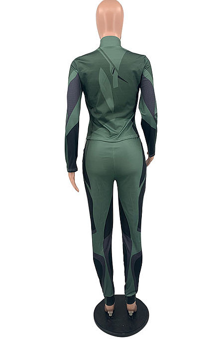 Army Green Autumn Winter New Digital Print Long Sleeve Zip Front Coat Pencil Pants Casual Sets QSS51047-2