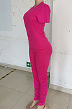 White Women Shirred Detail Pure Color Short Sleeve T Shirt Bodycon Pants Sets AL153-2