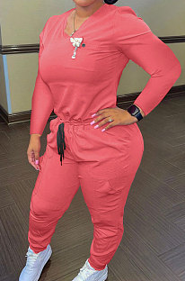 Pink Wholesale Casual Long Sleeve V Neck T-Shirts Drawsting Pants Solid Color Sets PQ8059-3
