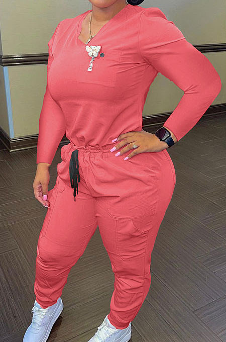 Pink Wholesale Casual Long Sleeve V Neck T-Shirts Drawsting Pants Solid Color Sets PQ8059-3