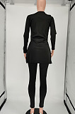 Black Women Solid Color V Collar Split Trendy Pants Sets SMY81117-1