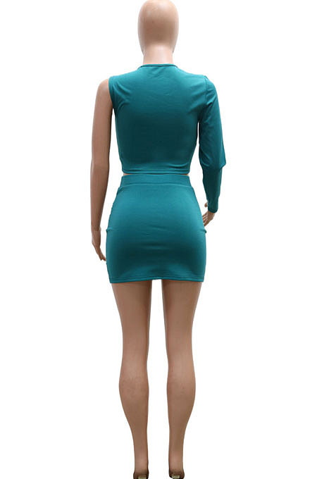 Green Women Sexy Spliced Single Sleeve Round Collar Tops Skirts Sets YF9243-1