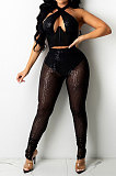 Black Sexy Halter Neck Sleeveless Solid Color Sequins Hollow Out Backless Bodycon Split Pants Sets YF9278-3