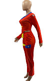 Red Cotton Blend Positioning Print Long Sleeve V Neck Blouse Sweat Pants Casual Sets SZS8169-1