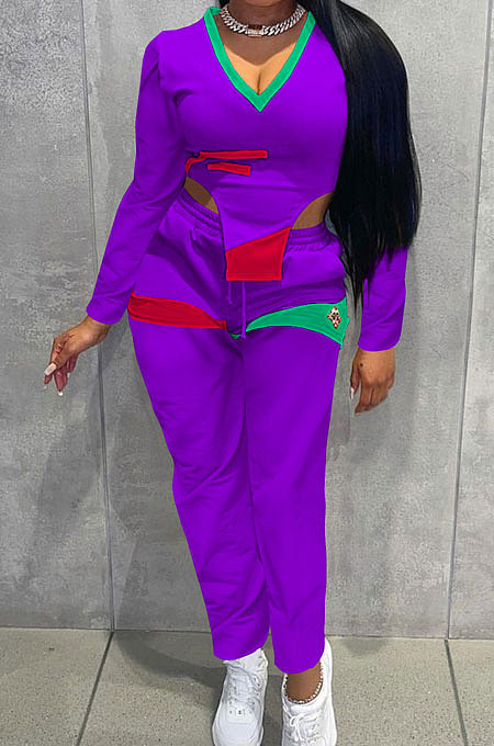 Red Cotton Blend Positioning Print Long Sleeve V Neck Blouse Sweat Pants Casual Sets SZS8169-1