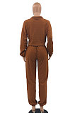 Wine Red Women Fashion Casual Pure Color Long Sleeve Crop Pants Sets AYQ08020-3
