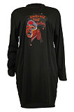 Black Women Pullover Round Collar Casual Printing Loose Pocket Mini Dress HZF57816