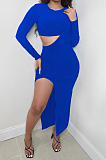 Black Wholesale Women Long Sleeve Round Collar Crop Top Irregularity Condole Belt Skirts Sets TD80063-2