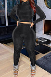 Gray Simple Woman Velvet Long Sleeve High Collar Top Bodycon Pants Slim Fitting Sets TK6143-3
