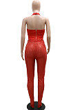Red Sexy Halter Neck Sleeveless Solid Color Sequins Hollow Out Backless Bodycon Split Pants Sets YF9278-1