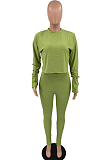 Light Green Fashion Ribber Horn Sleeve Round Collar Top Pencil Pants Slim Fitting Two-Piece TD80055-1