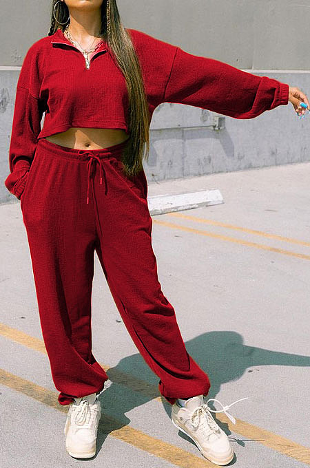Gray Women Fashion Casual Pure Color Long Sleeve Crop Pants Sets AYQ08020-4