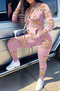 Pink Cotton Blend Letter Printing Long Sleeve Stand Neck Zip Front Coat Pencil Pants Sport Sets TK6145-4