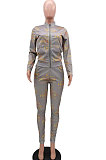 Pink Cotton Blend Letter Printing Long Sleeve Stand Neck Zip Front Coat Pencil Pants Sport Sets TK6145-4
