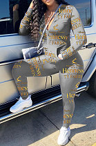 Grey Cotton Blend Letter Printing Long Sleeve Stand Neck Zip Front Coat Pencil Pants Sport Sets TK6145-1