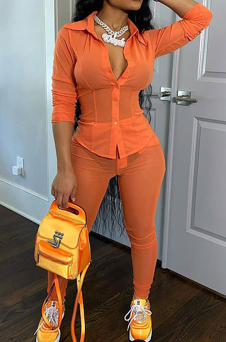 Orange Wholesale Woman See-Through Long Sleeve Single-Breasted Shirt Pencil Pants Sets ARM8202-1