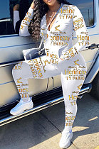 White Cotton Blend Letter Printing Long Sleeve Stand Neck Zip Front Coat Pencil Pants Sport Sets TK6145-5