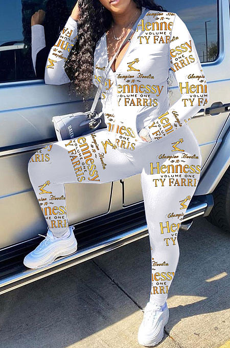 White Cotton Blend Letter Printing Long Sleeve Stand Neck Zip Front Coat Pencil Pants Sport Sets TK6145-5
