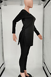 Black Women Solid Color V Collar Split Trendy Pants Sets SMY81117-1
