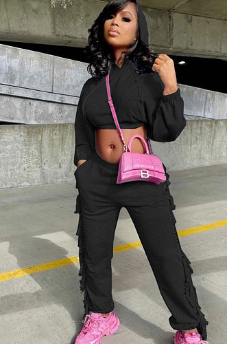Black Euramerican Trendy Solid Color Autumn Winter Loose Crop Hooded Tassel Pocket Pants Sets AYM5038-3