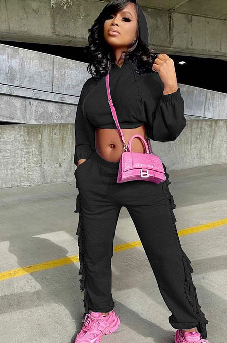 Black Euramerican Trendy Solid Color Autumn Winter Loose Crop Hooded Tassel Pocket Pants Sets AYM5038-3