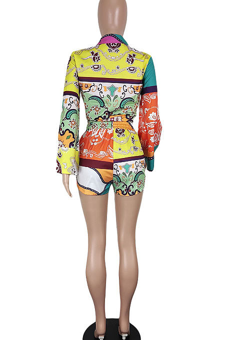 Black Women Long Sleeve Cardigan Fashion Printing Single-Breasted Turn-Down Collar Shorts Sets YY5301-2